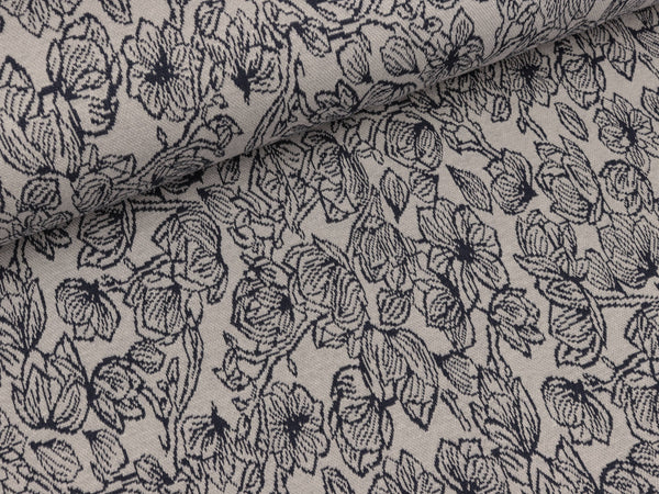 Jacquardstrickstoff Just-May Blumen dunkelblau auf Hellgrau by Lila-Lotta