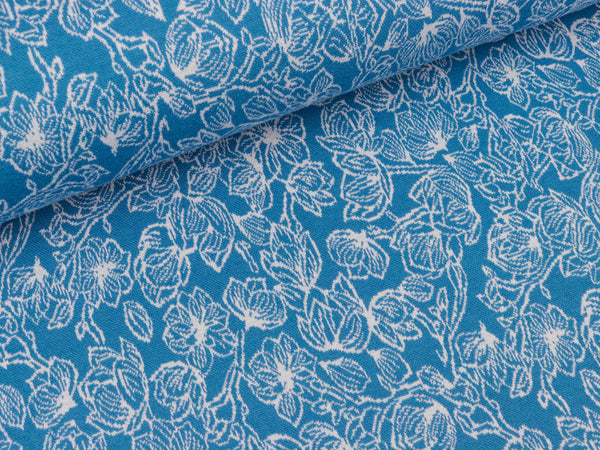 Jacquardstrickstoff Just-May Blumen weiß auf Blau by Lila-Lotta