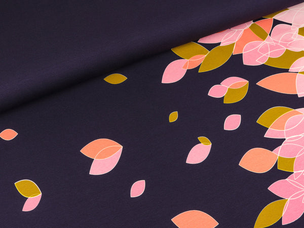 Reststück 34cm - Baumwolljersey Hundred Leaves bunt auf Tiefblau by Cherry Picking