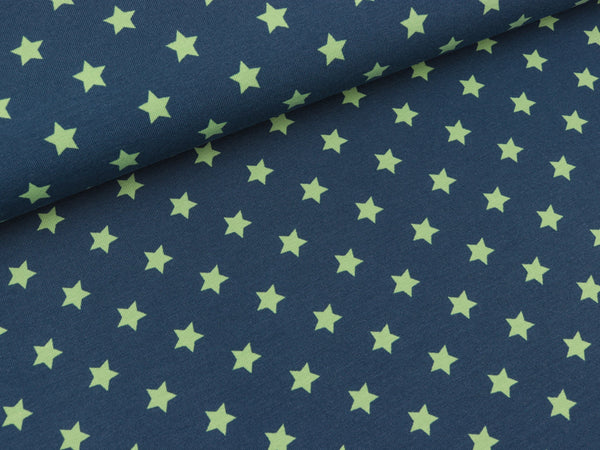 Baumwolljersey Sterne greenery auf Lapis blue