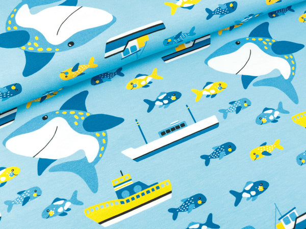 Baumwolljersey Sea Life Fische und Schiffe auf Hellblau