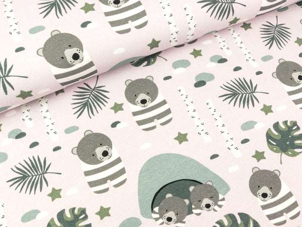 Baumwolljersey Bärenwald Tiere auf Pastellrosa