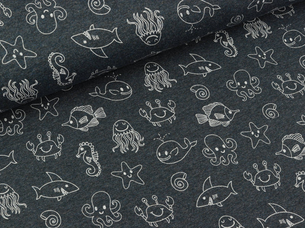 Baumwolljersey Sea Creatures weiß auf dunklem jeansblau meliert