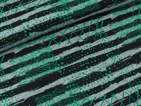 Baumwolljersey Malin Streifen schwarz-jeansblau meliert-smaragd