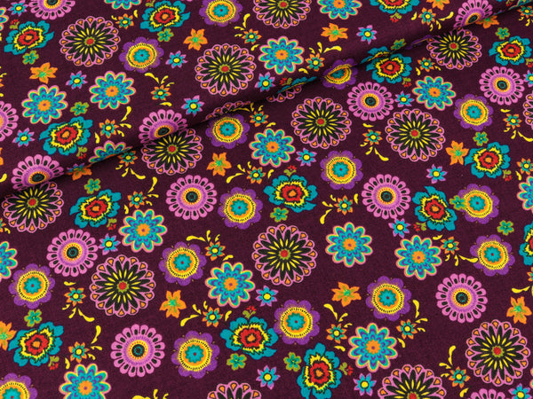 Baumwollstoff Bunte Blumen auf Violett