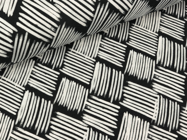 Reststück 52cm - Modalsweat Just Black and White Brush-Striche weiß auf Schwarz by Cherry Picking