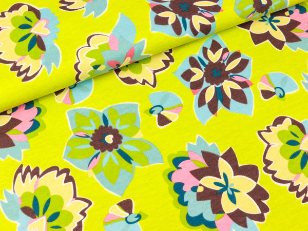 Baumwolljersey Bunte Blumenkreise auf Lime