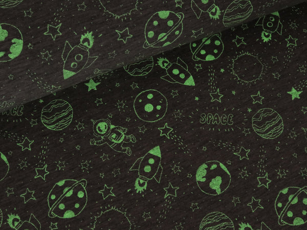 Reststück 35cm - Baumwolljersey Glow in the Dark Space hellgrau meliert