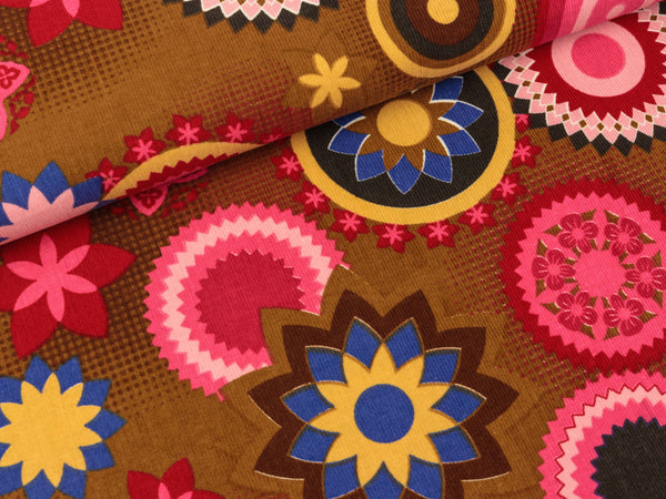 Stenzo Feincord Blumenkreise bunt auf Nougat