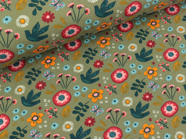 French Terry Peace Flowers bunt auf Khaki