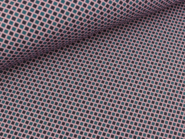 Baumwolljersey Charlotte Rauten anthrazit-petrol auf Altrosa