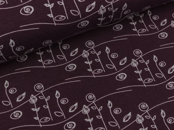 Baumwolljersey Charlotte Blumenwiese hellgrau auf Aubergine