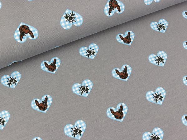 Baumwolljersey Bavarian Heart hellblau auf Grau