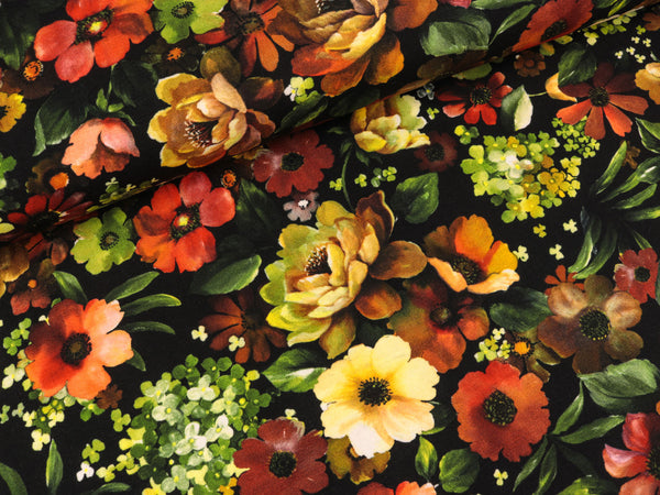 Baumwolljersey Flower Art Bunte Blumen auf Schwarz