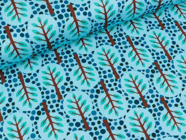 Reststück 42cm - Steinbeck Baumwolljersey Woody Bäume und Tupfen bunt auf Helltürkis