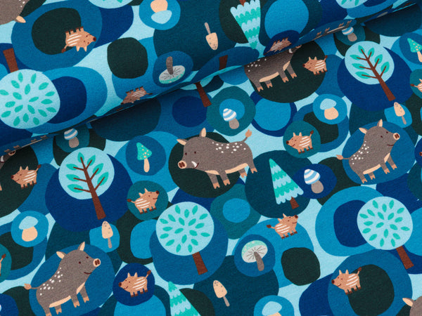 Reststück 27cm - Steinbeck Baumwolljersey Woody das Wildschwein auf Helltürkis