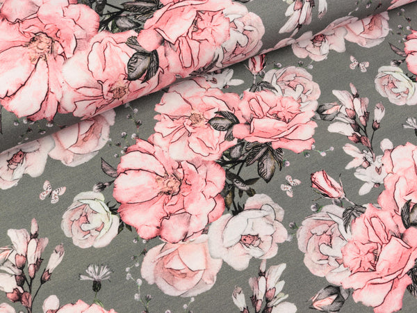 Baumwolljersey Matti Großes Rosenmuster auf Grau