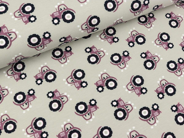 Reststück 42cm - Baumwolljersey Mini Tractor mauve auf Hellgrau
