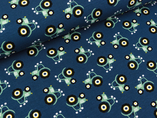 Reststück 19cm - Baumwolljersey Mini Tractor greenery auf Lapis blue