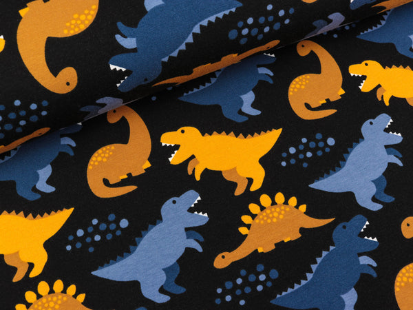 Baumwollsweat Mick Dinosaurier ocker-jeansblau auf Schwarz