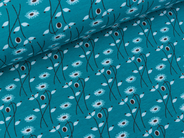 Baumwolljersey Oh Deer! Blumenwiese hellblau-schwarz auf Petrol