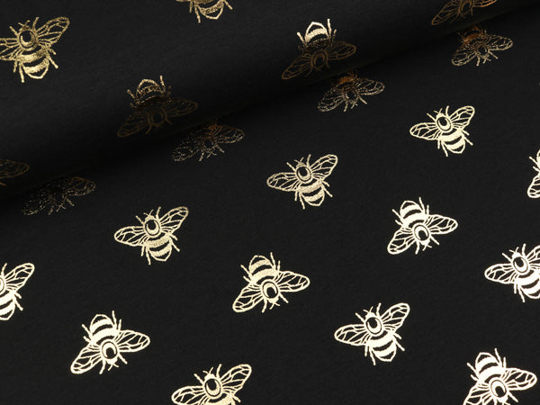 Baumwolljersey Printed Bee gold auf Schwarz