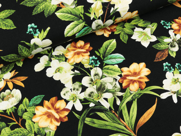 Reststück 65cm - Baumwolljersey Tim Orchideen bunt auf Schwarz