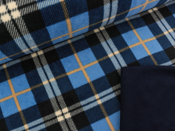 Reststück 19cm - Doubleface Polarfleece Check blau-schwarz-senfgelb