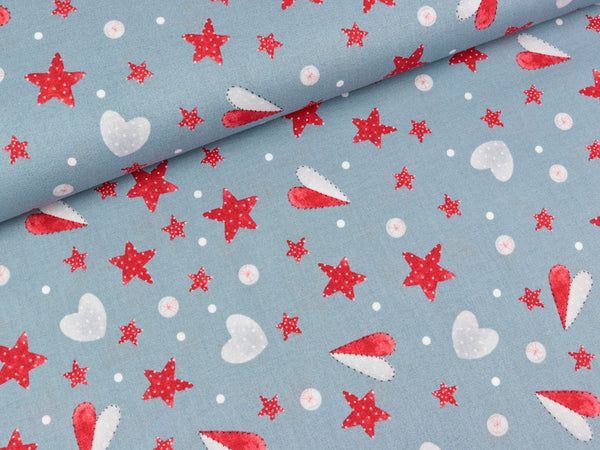 Baumwollstoff Sterne und Herzen rot-hellgrau auf Eisblau