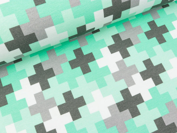 Reststück 39cm - Baumwollsweat Crazy Shapes Pluszeichen grau-mint by Lycklig Design