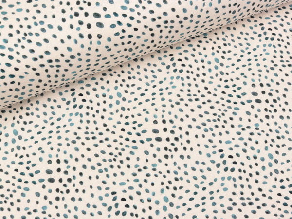 Reststück 29cm - Baumwolljersey Mini Winter Tupfen rauchblau auf Natur