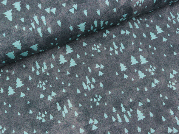 Reststück 33cm - Baumwolljersey Mini Winter Tannen rauchblau auf Dunkelgrau