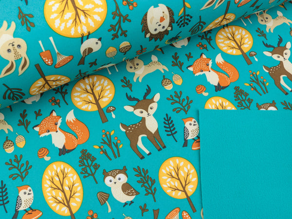 Reststück 40cm - NANO Softshell Sheldon Waldtiere auf Türkis