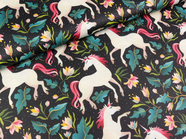 Jackenstoff Melissa Einhörner bunt auf Schwarz