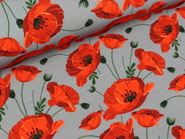 Baumwolljersey Matti Rote Mohnblumen auf Grau