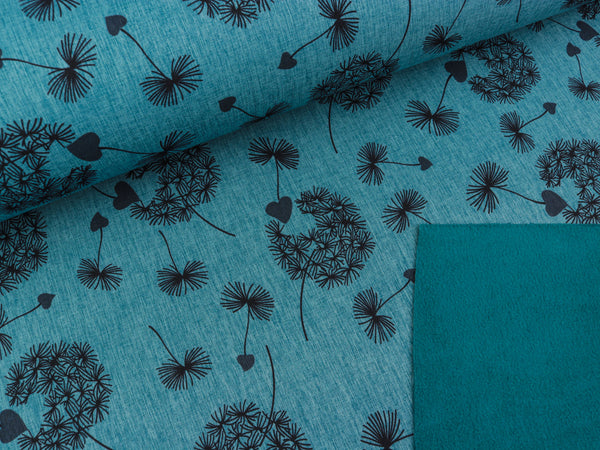 Reststück 23cm - Softshell Pusteblumen schwarz auf petrol-schwarz meliert