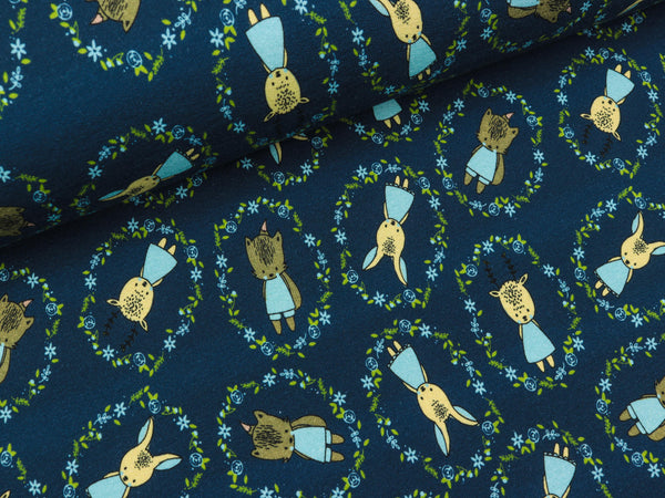 Baumwollsweat Polly Kleine Häschen auf Dunkelblau