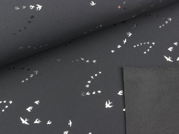 Reststück 20cm - Softshell Arona Foliendruck Schwalben silber auf Dunkelgrau