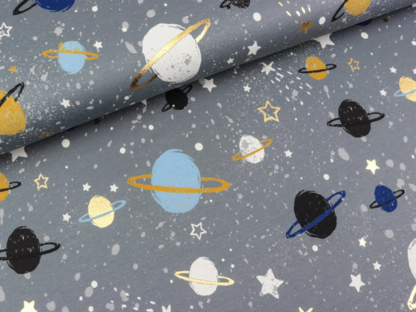 Baumwolljersey Folienprint Space grau-bunt