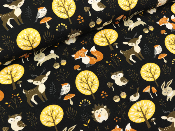 Baumwolljersey Matti Waldtiere bunt auf Schwarz
