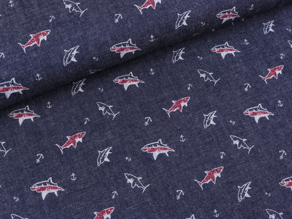 Leichter Jeansstoff Fische und Anker auf dunklem Jeansblau