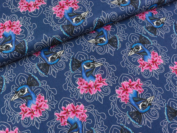Reststück 49cm - Baumwollvoile Davao Pfauen bunt auf Jeansblau by Lila-Lotta