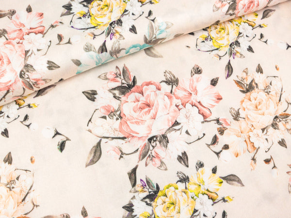 Reststück 140cm - Viskosestoff Lotta Rosenmuster bunt auf Puderrosa