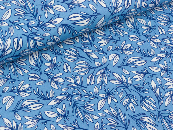 Reststück 38cm - Baumwolljersey Marmaris Blätter weiß auf Blau by Lila-Lotta FS19