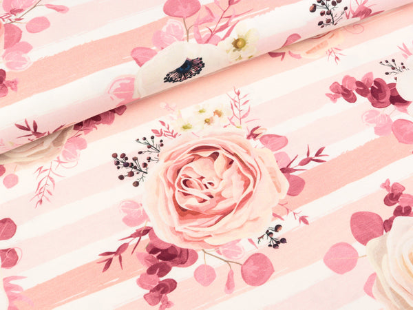 Reststück 47cm - Baumwolljersey Roses auf pastellrosa-creme gestreift