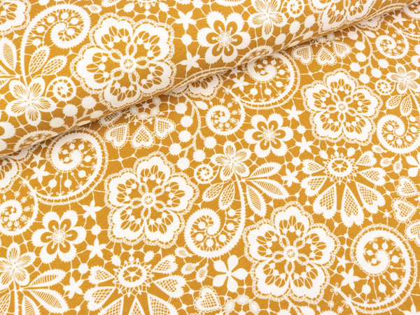 Baumwolljersey Lace Spitzen weiß auf Ocker