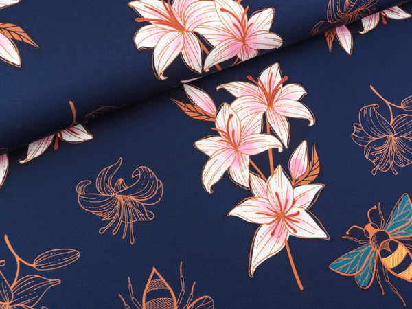 Reststück 36cm - Hamburger Liebe Baumwollsweat Glow Lily blue navy-bunt