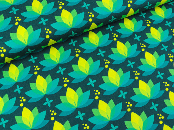 Reststück 27cm - Baumwolljersey Lotus Dreams Lotusblume petrol-kiwi by Lycklig Design