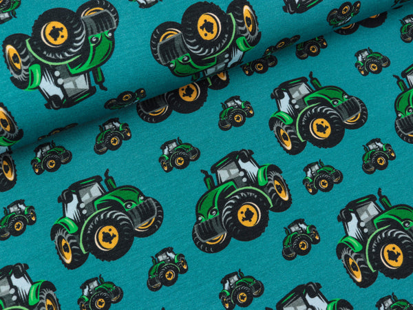 Baumwolljersey Mattes Traktoren auf Petrol