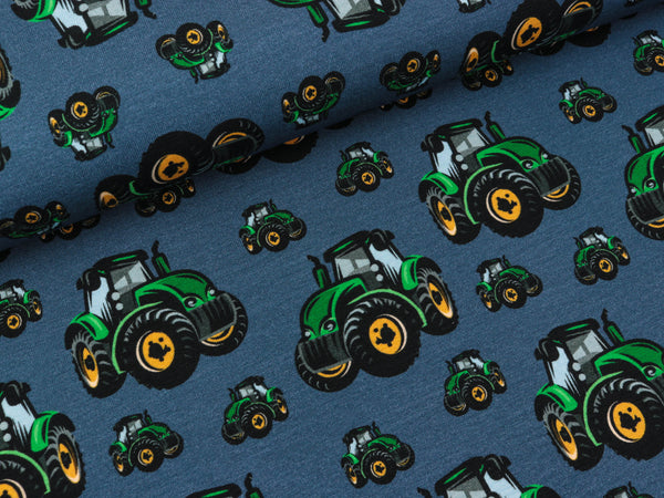 Baumwolljersey Mattes Traktoren auf Jeansblau